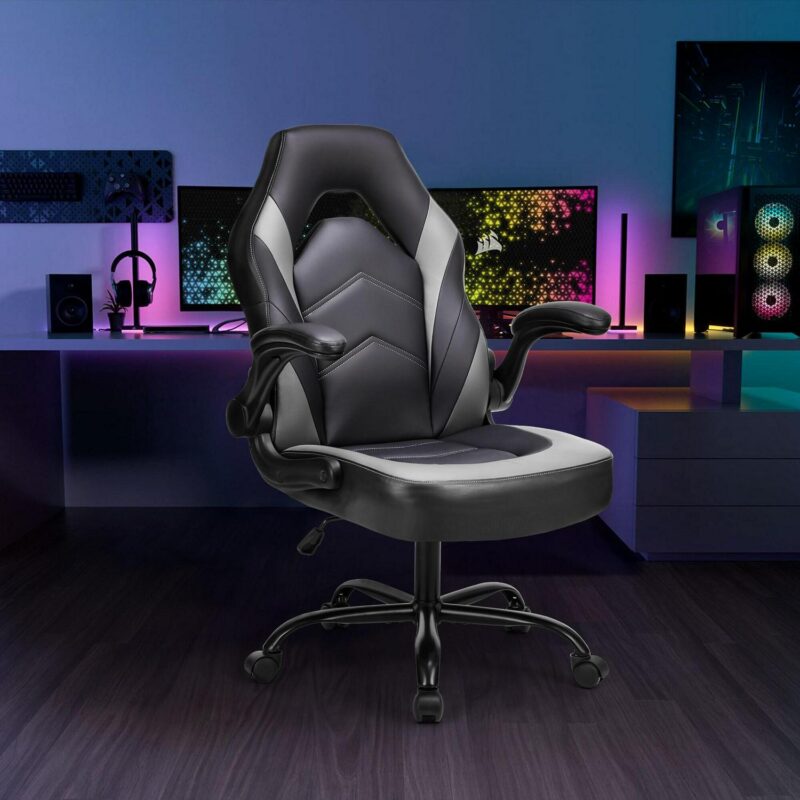 Flynama Black+Gray Contemporary Ergonomic Adjustable Height Swivel Faux Leather Gaming Chair - Image 4