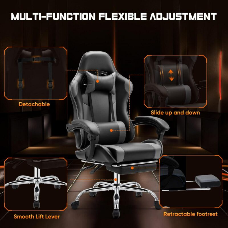 Flynama Black+Gray Contemporary Ergonomic Adjustable Height Swivel Faux Leather Gaming Chair - Image 5