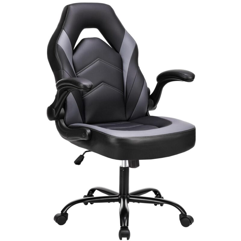 Flynama Black+Gray Contemporary Ergonomic Adjustable Height Swivel Faux Leather Gaming Chair