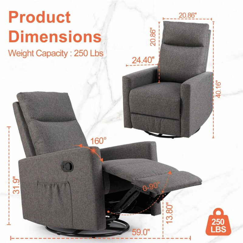 Flynama Gray Linen Upholstered Swivel Recliner - Image 7