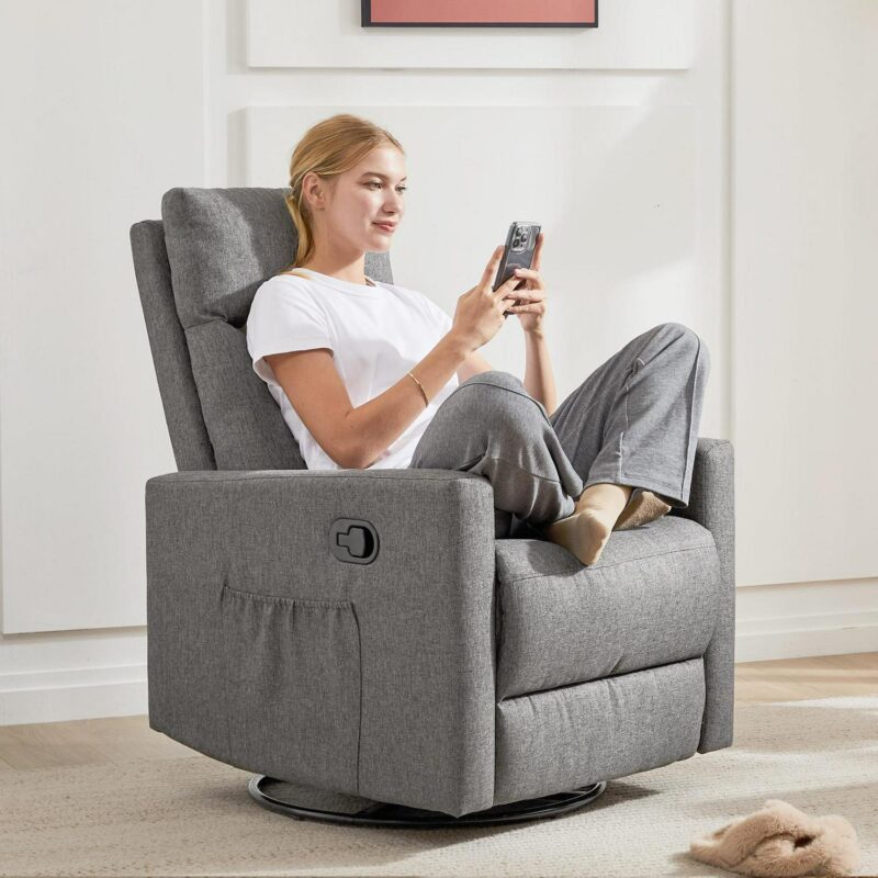 Flynama Gray Linen Upholstered Swivel Recliner