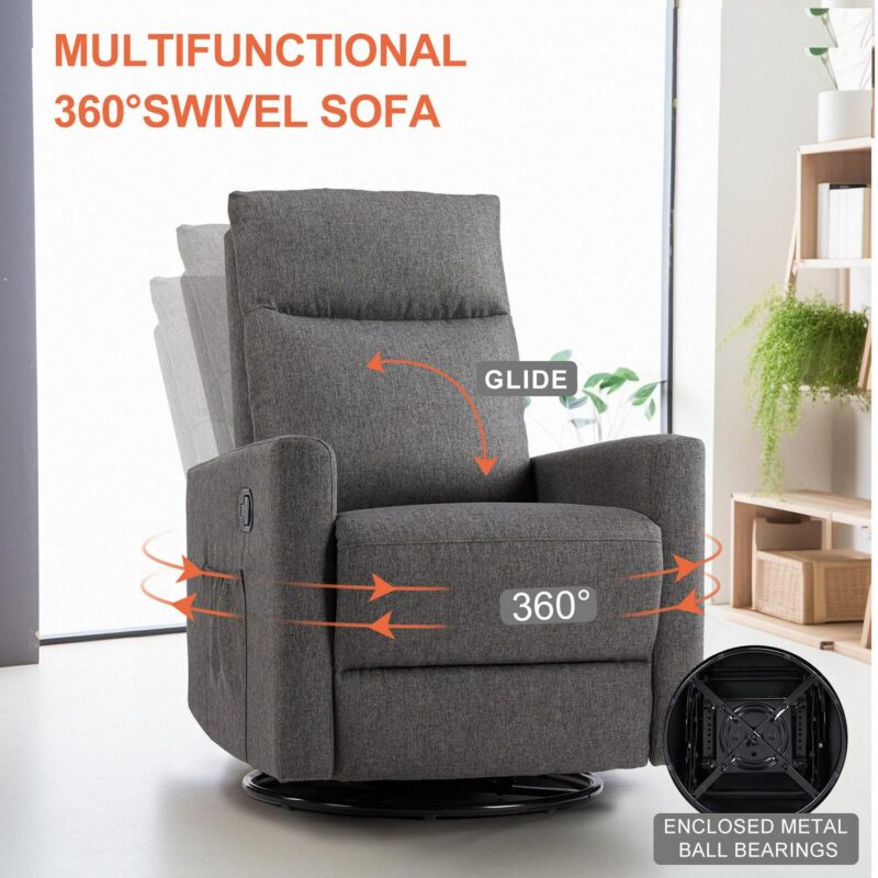 Flynama Gray Linen Upholstered Swivel Recliner - Image 2