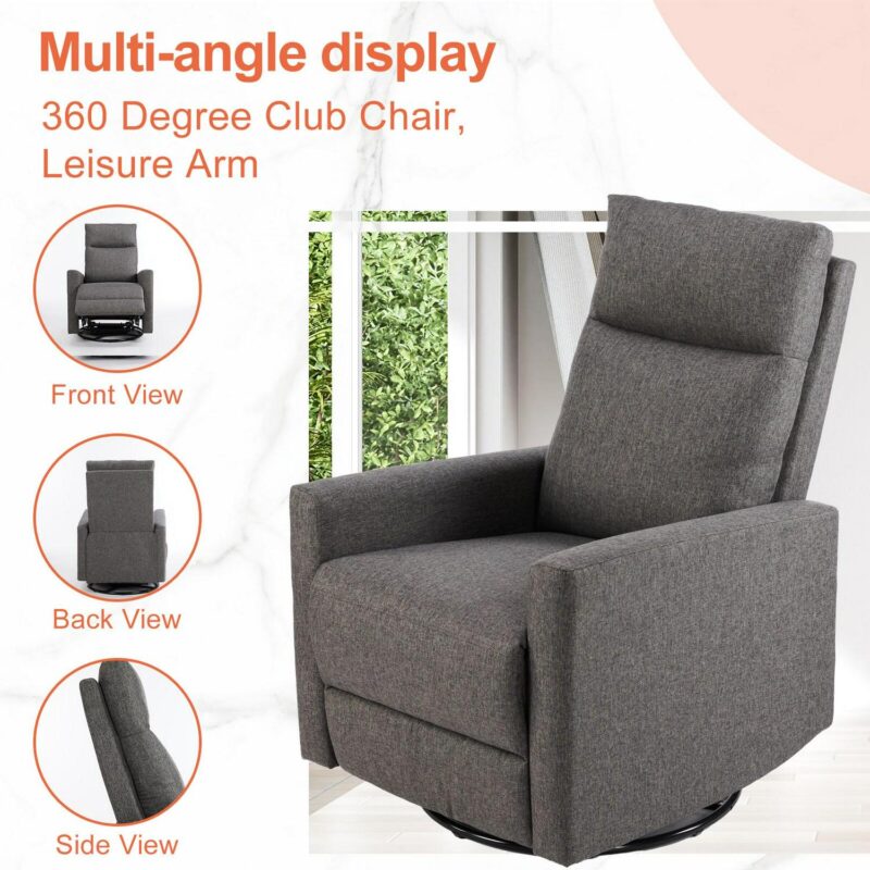 Flynama Gray Linen Upholstered Swivel Recliner - Image 4