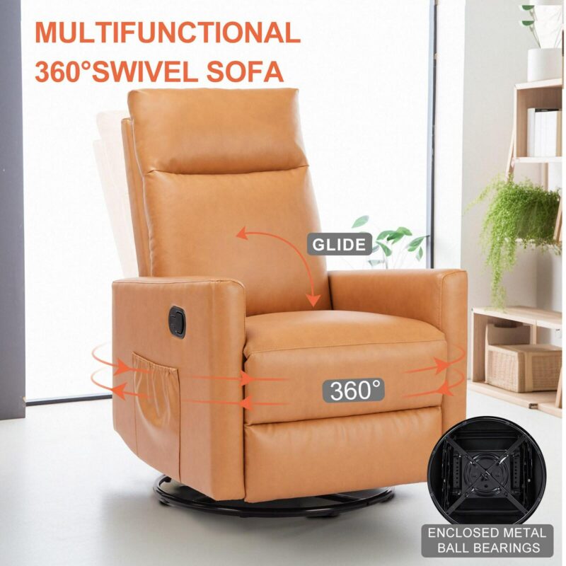 Flynama Orange Leather Upholstered Swivel Recliner - Image 7