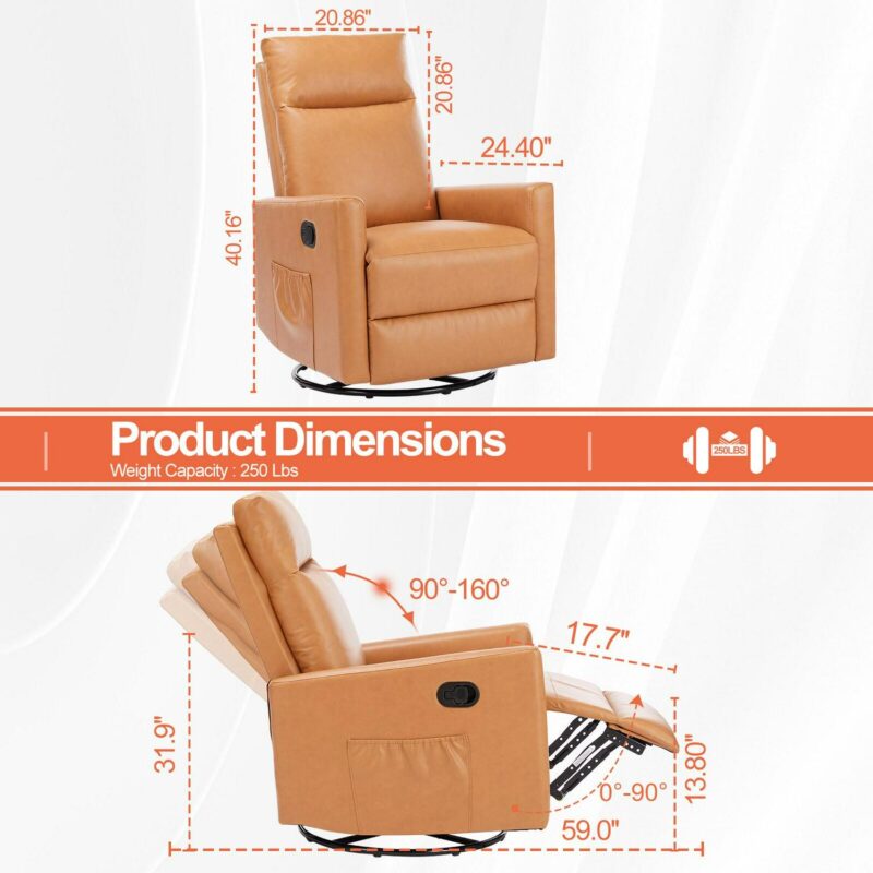 Flynama Orange Leather Upholstered Swivel Recliner - Image 2