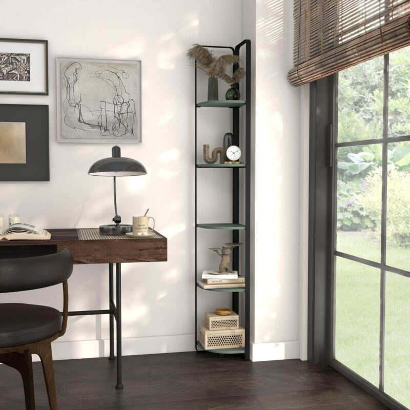 Furniture of America Naija Sage Green, Black Metal 5 -Shelf Corner Bookcase ( 10.25-Inches W x 71-Inches H x 10.25-Inches D ) Finished
