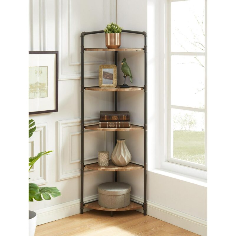 Furniture of America Dendham Sand black Metal 5 -Shelf Corner Bookcase ( 22.75-Inches W x 63.75-Inches H x 15.25-Inches D ) Finished