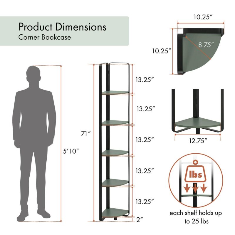 Furniture of America Naija Sage Green, Black Metal 5 -Shelf Corner Bookcase ( 10.25-Inches W x 71-Inches H x 10.25-Inches D ) Finished - Image 3