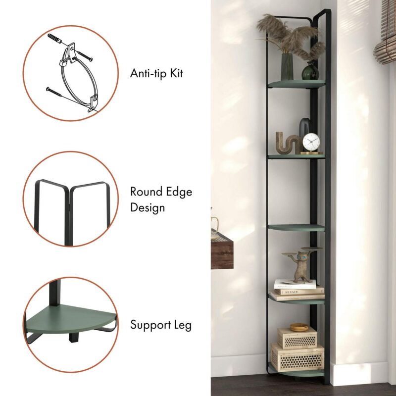 Furniture of America Naija Sage Green, Black Metal 5 -Shelf Corner Bookcase ( 10.25-Inches W x 71-Inches H x 10.25-Inches D ) Finished - Image 13