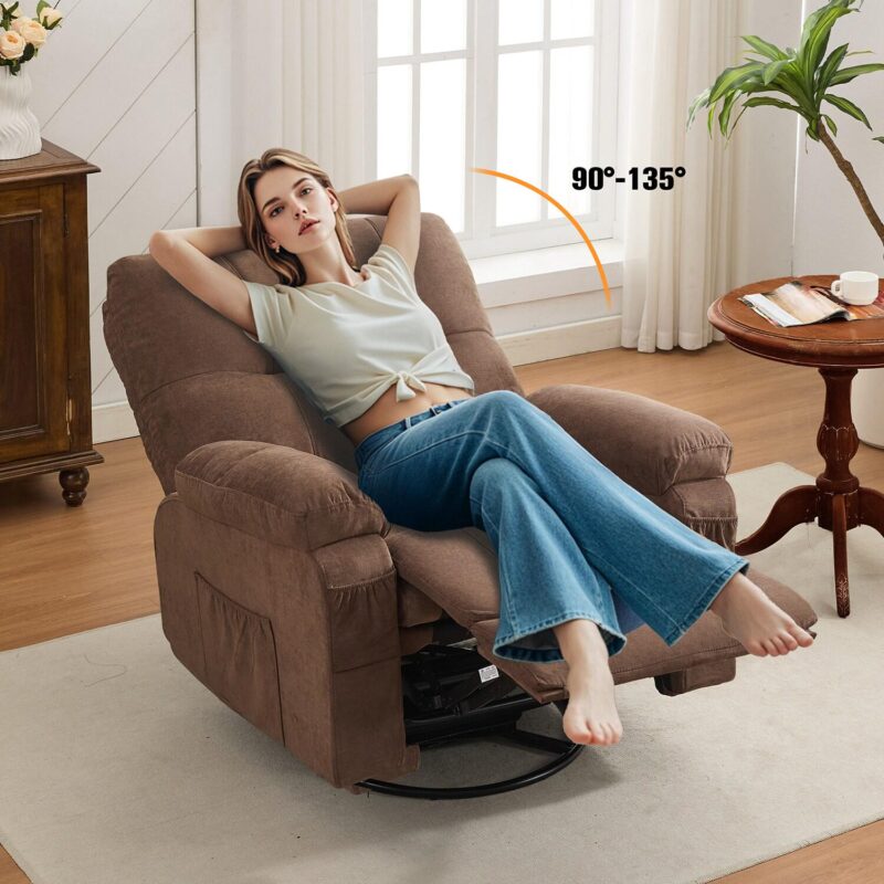 GZMR 360 Degree Rotating Swing Single Recliner Brown Linen Upholstered Swivel Recliner - Image 6