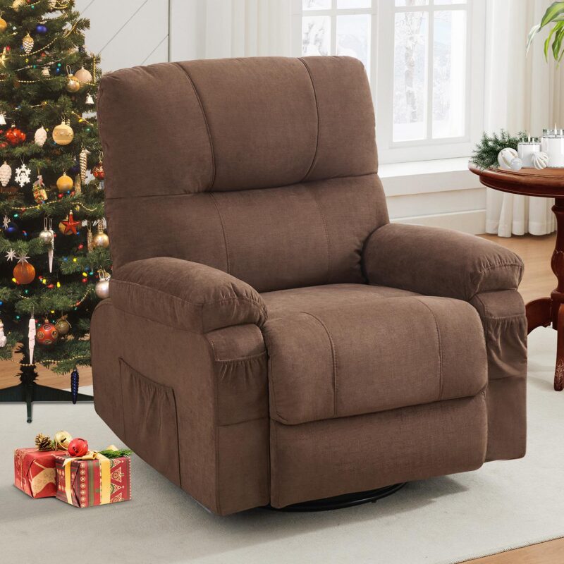GZMR 360 Degree Rotating Swing Single Recliner Brown Linen Upholstered Swivel Recliner - Image 4