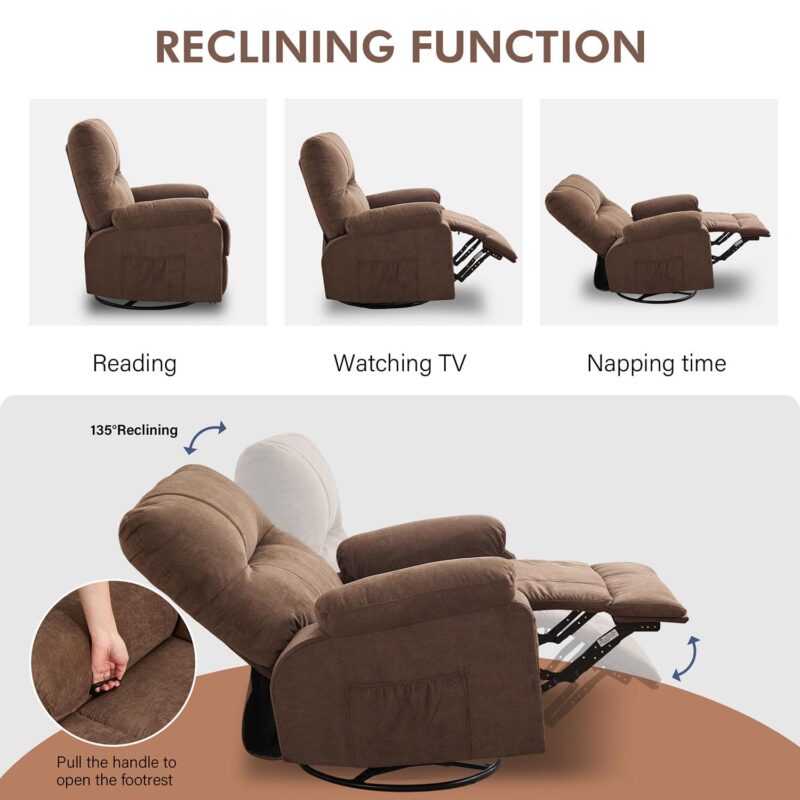 GZMR 360 Degree Rotating Swing Single Recliner Brown Linen Upholstered Swivel Recliner - Image 7