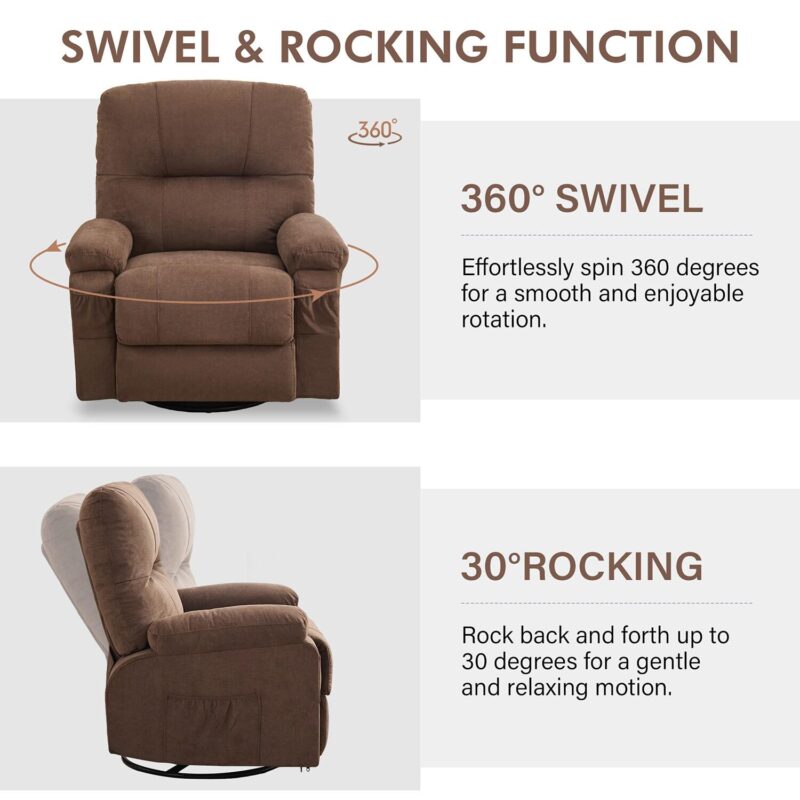 GZMR 360 Degree Rotating Swing Single Recliner Brown Linen Upholstered Swivel Recliner - Image 9