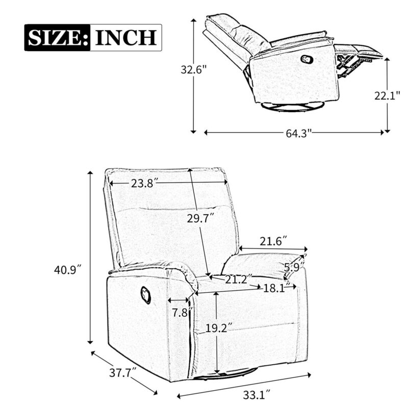 GZMR 360 Degree Swivel Upholstered Manual Recliner Chair Gray Linen Upholstered Swivel Recliner - Image 12