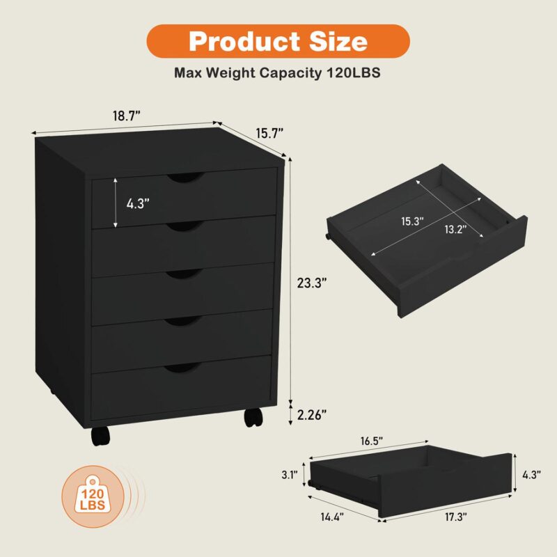 GZMR 5 Drawer Chest - Storage Cabinets Dressers Black 5 -Drawer 18.7-Inches File Cabinet - Image 8