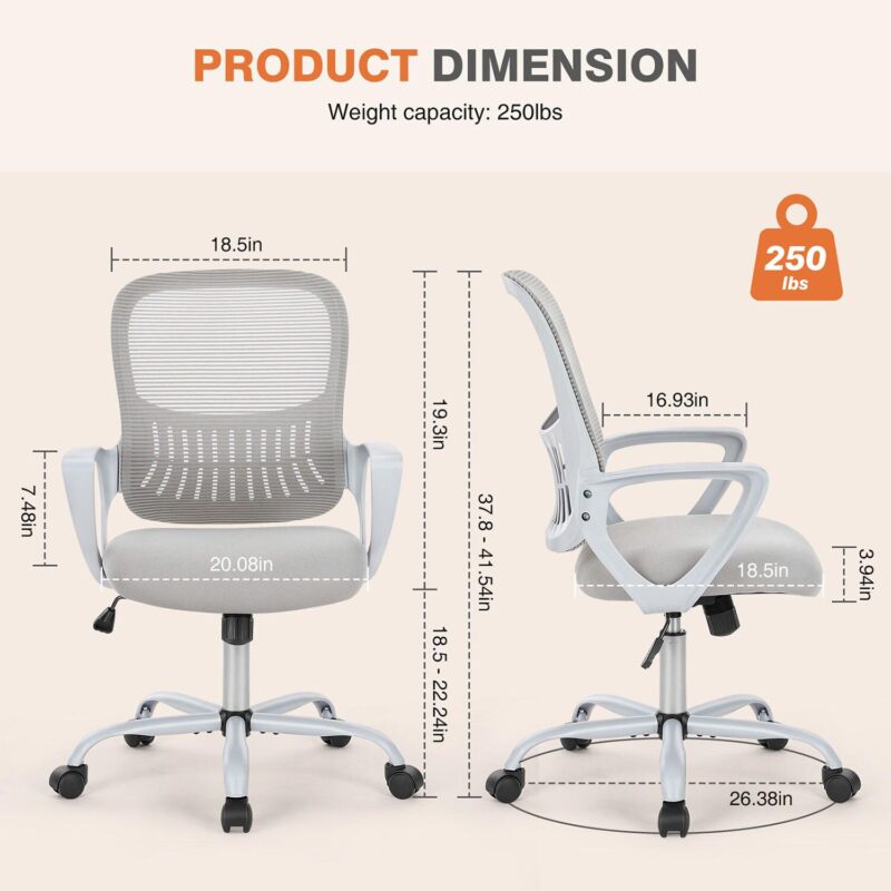GZMR Gray Executive Computer Chair with Fixed Armrest Gray Contemporary Ergonomic Adjustable Height Swivel Mesh Desk Chair - Image 8