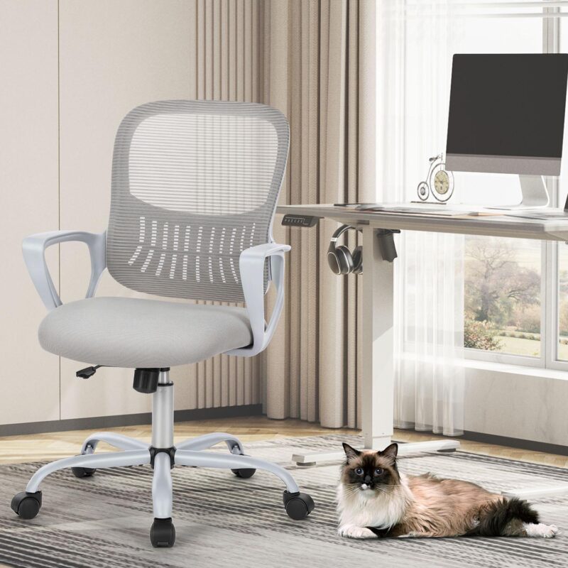 GZMR Gray Executive Computer Chair with Fixed Armrest Gray Contemporary Ergonomic Adjustable Height Swivel Mesh Desk Chair - Image 3