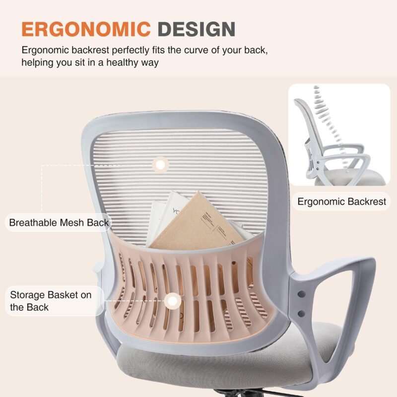 GZMR Gray Executive Computer Chair with Fixed Armrest Gray Contemporary Ergonomic Adjustable Height Swivel Mesh Desk Chair - Image 4