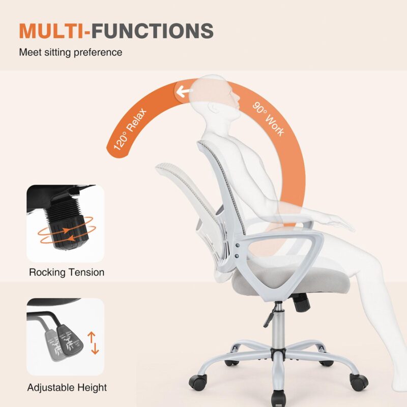 GZMR Gray Executive Computer Chair with Fixed Armrest Gray Contemporary Ergonomic Adjustable Height Swivel Mesh Desk Chair - Image 6