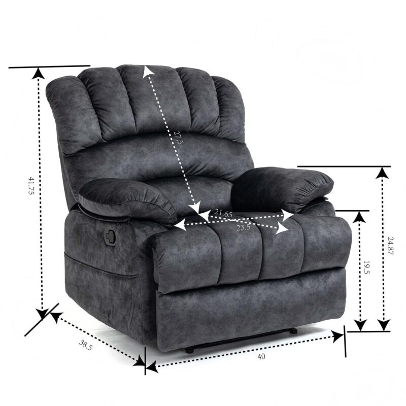 GZMR Large Manual Recliner Chair Dark Gray Velvet Upholstered Recliner - Image 6