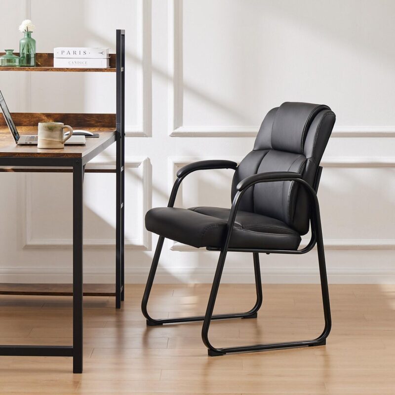 GZMR Set of 2 Leather Office Guest Chair Black Contemporary Ergonomic Polyurethane Reception Chair - Image 3