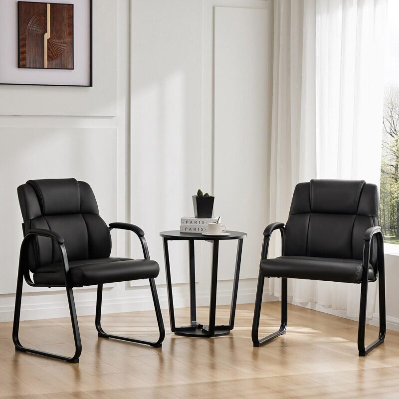 GZMR Set of 2 Leather Office Guest Chair Black Contemporary Ergonomic Polyurethane Reception Chair - Image 2