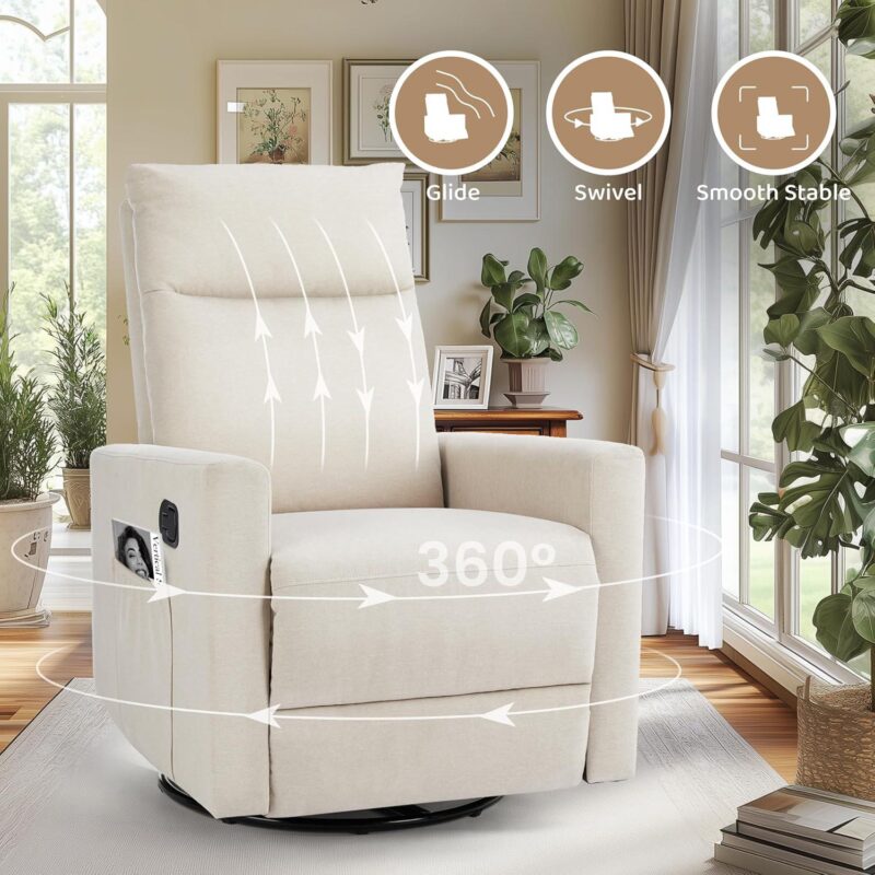 GZMR Swivel Faux Leather Recliner Chair Beige Faux leather Upholstered Swivel Recliner - Image 5