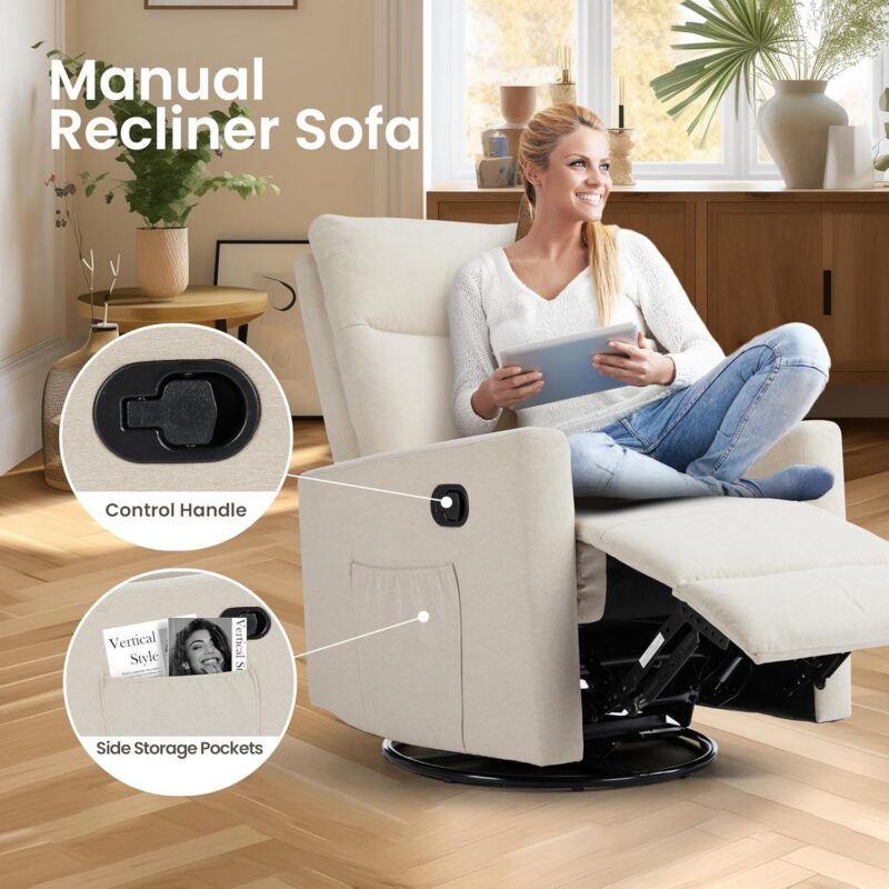 GZMR Swivel Faux Leather Recliner Chair Beige Faux leather Upholstered Swivel Recliner - Image 3
