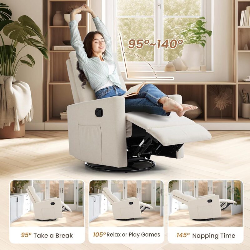 GZMR Swivel Faux Leather Recliner Chair Beige Faux leather Upholstered Swivel Recliner - Image 4