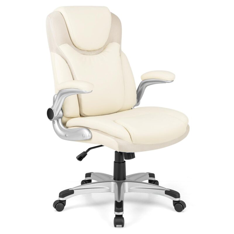 GZMR White Contemporary Ergonomic Adjustable Height Swivel Faux Leather Desk Chair