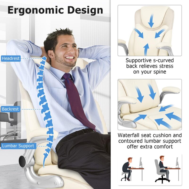 GZMR White Contemporary Ergonomic Adjustable Height Swivel Faux Leather Desk Chair - Image 9