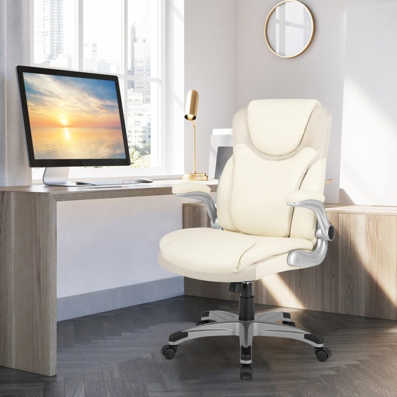 GZMR White Contemporary Ergonomic Adjustable Height Swivel Faux Leather Desk Chair - Image 2