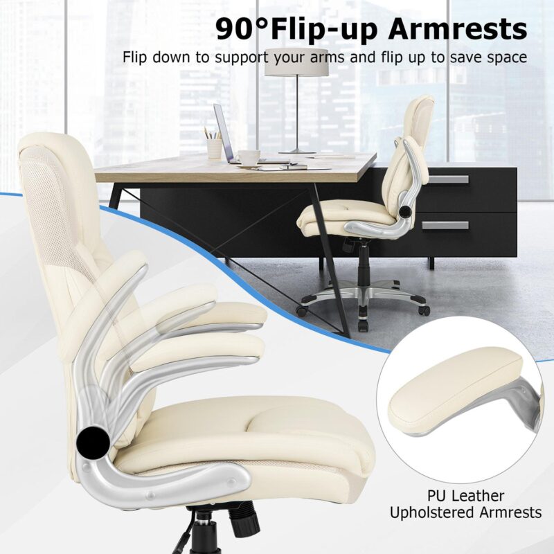 GZMR White Contemporary Ergonomic Adjustable Height Swivel Faux Leather Desk Chair - Image 10