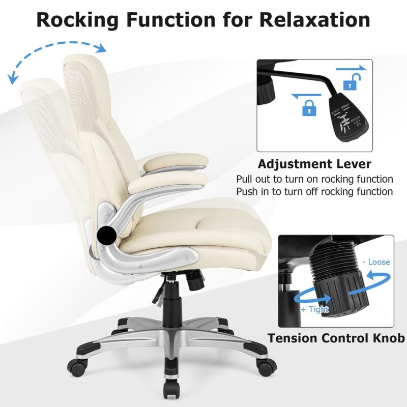 GZMR White Contemporary Ergonomic Adjustable Height Swivel Faux Leather Desk Chair - Image 6