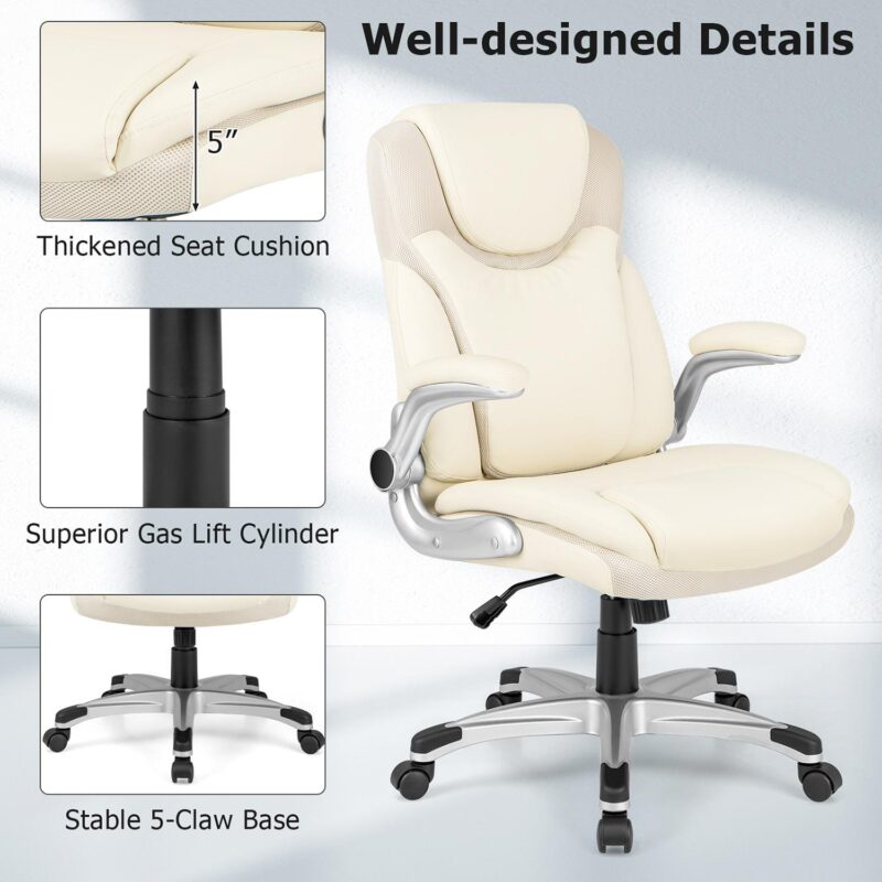 GZMR White Contemporary Ergonomic Adjustable Height Swivel Faux Leather Desk Chair - Image 4