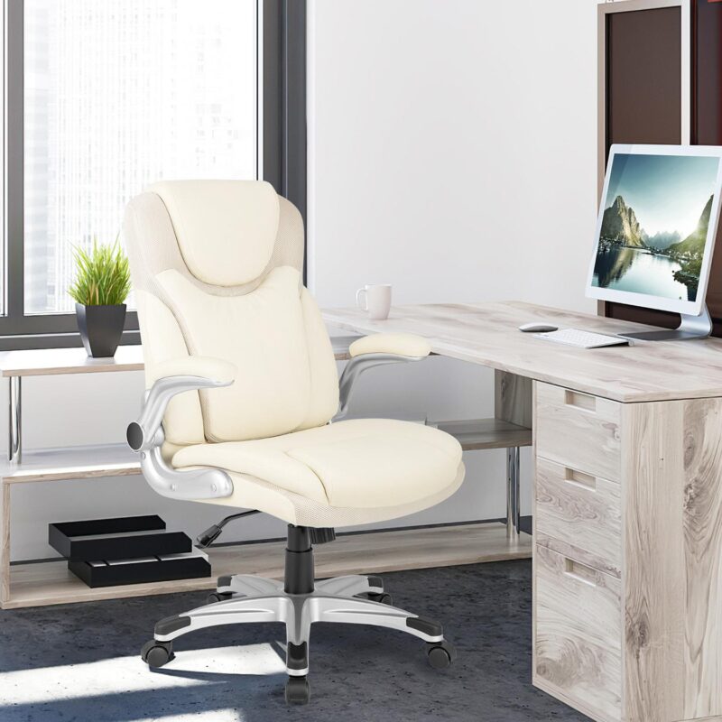 GZMR White Contemporary Ergonomic Adjustable Height Swivel Faux Leather Desk Chair - Image 3