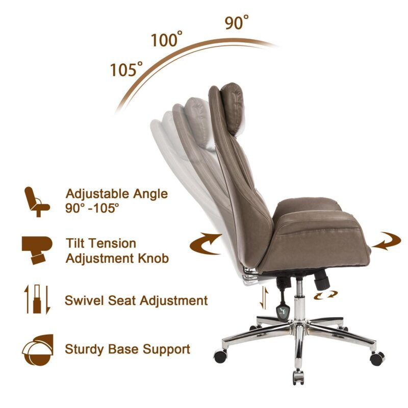 Glitzhome Midcentury Brown Traditional Ergonomic Adjustable Height Swivel Faux Leather Executive Chair - Image 3