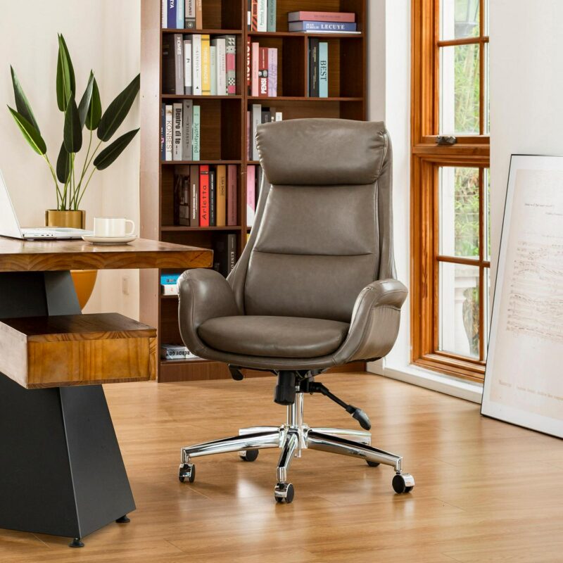 Glitzhome Midcentury Brown Traditional Ergonomic Adjustable Height Swivel Faux Leather Executive Chair - Image 6