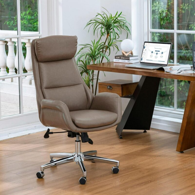 Glitzhome Midcentury Brown Traditional Ergonomic Adjustable Height Swivel Faux Leather Executive Chair