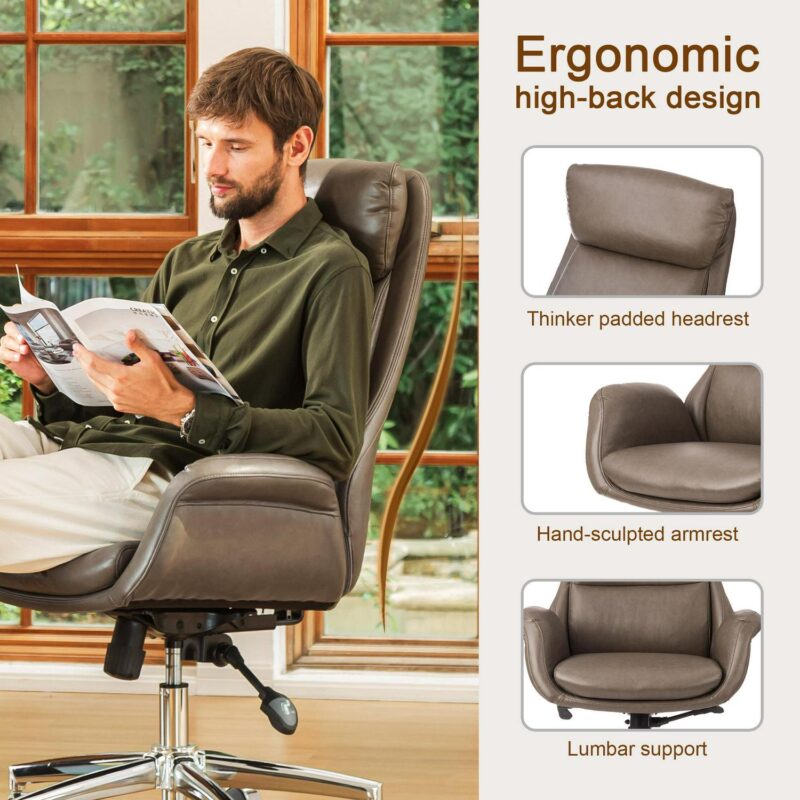 Glitzhome Midcentury Brown Traditional Ergonomic Adjustable Height Swivel Faux Leather Executive Chair - Image 4