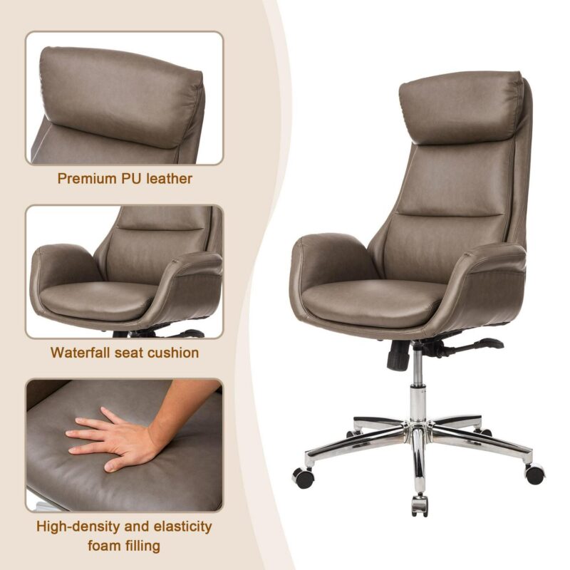 Glitzhome Midcentury Brown Traditional Ergonomic Adjustable Height Swivel Faux Leather Executive Chair - Image 5