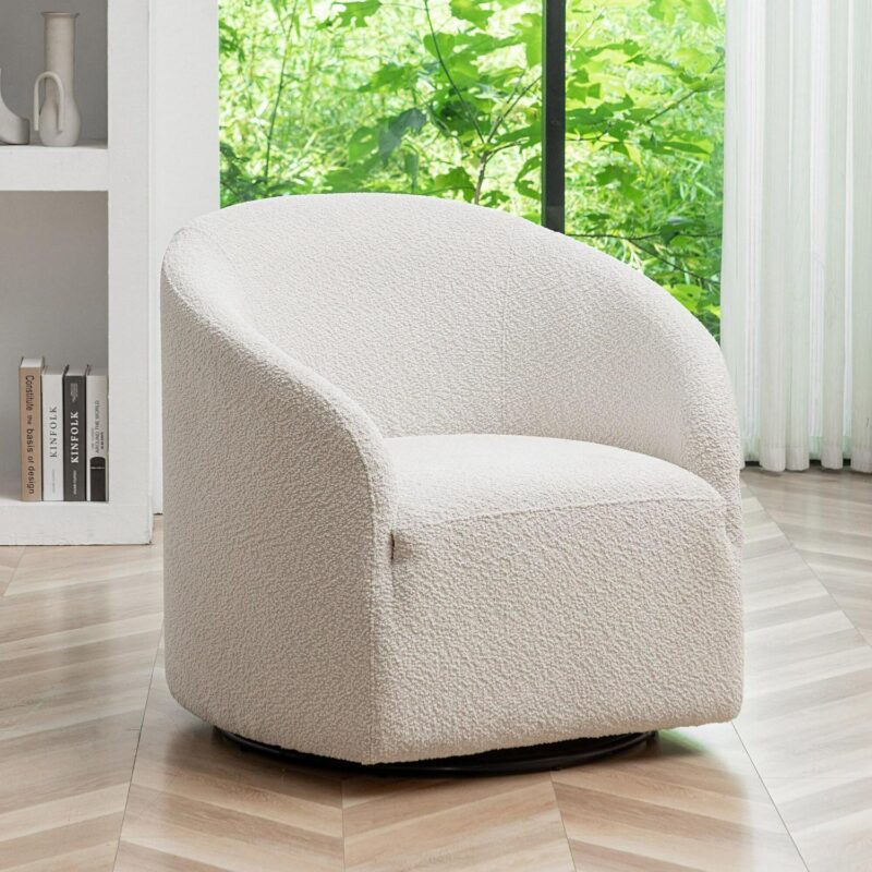 KINWELL Modern White Boucle Swivel Accent Chair - Image 2