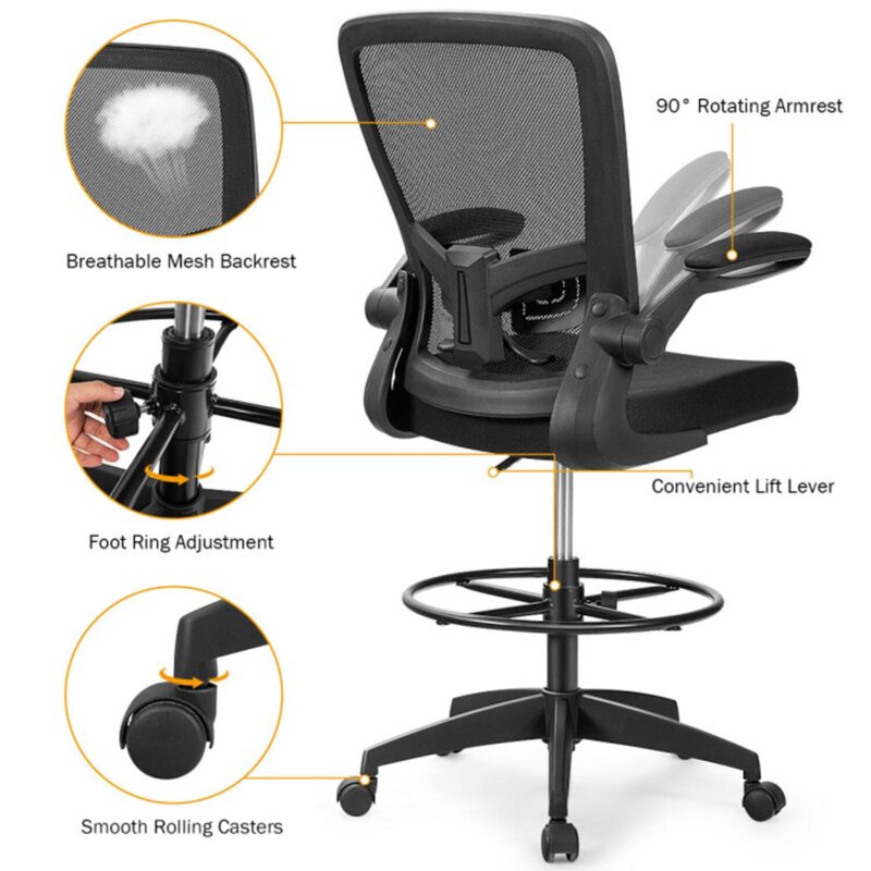 Mondawe Black Contemporary Ergonomic Adjustable Height Swivel Mesh Drafting Chair - Image 9