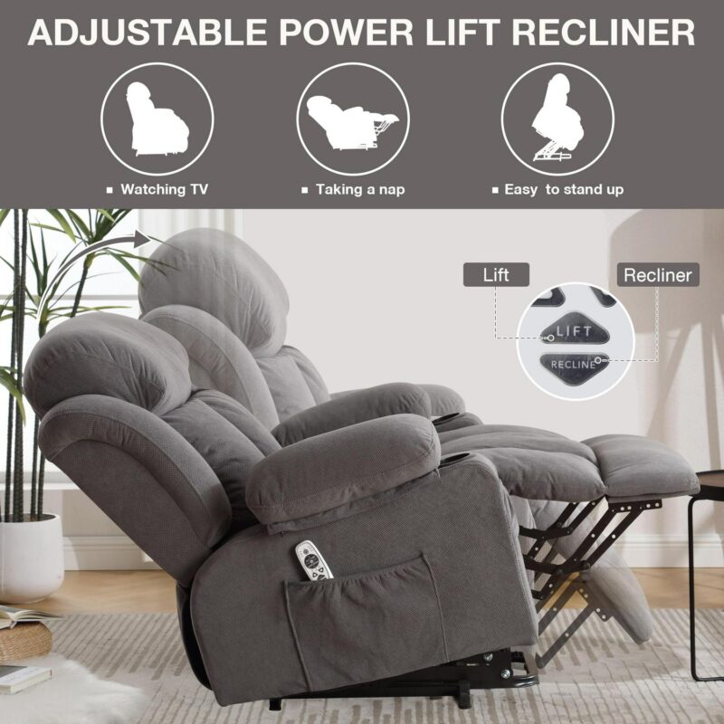 Mondawe Gray Velvet Upholstered Tufted Powered Reclining Massage chair with Lift Assistance - Image 3