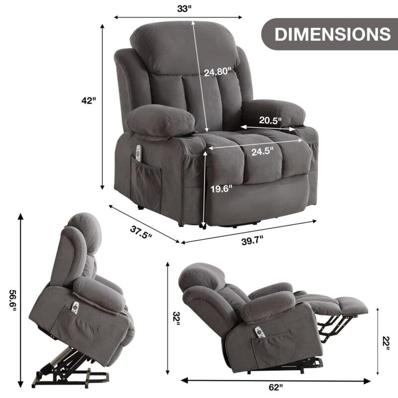 Mondawe Gray Velvet Upholstered Tufted Powered Reclining Massage chair with Lift Assistance - Image 7