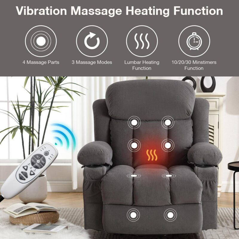 Mondawe Gray Velvet Upholstered Tufted Powered Reclining Massage chair with Lift Assistance - Image 2