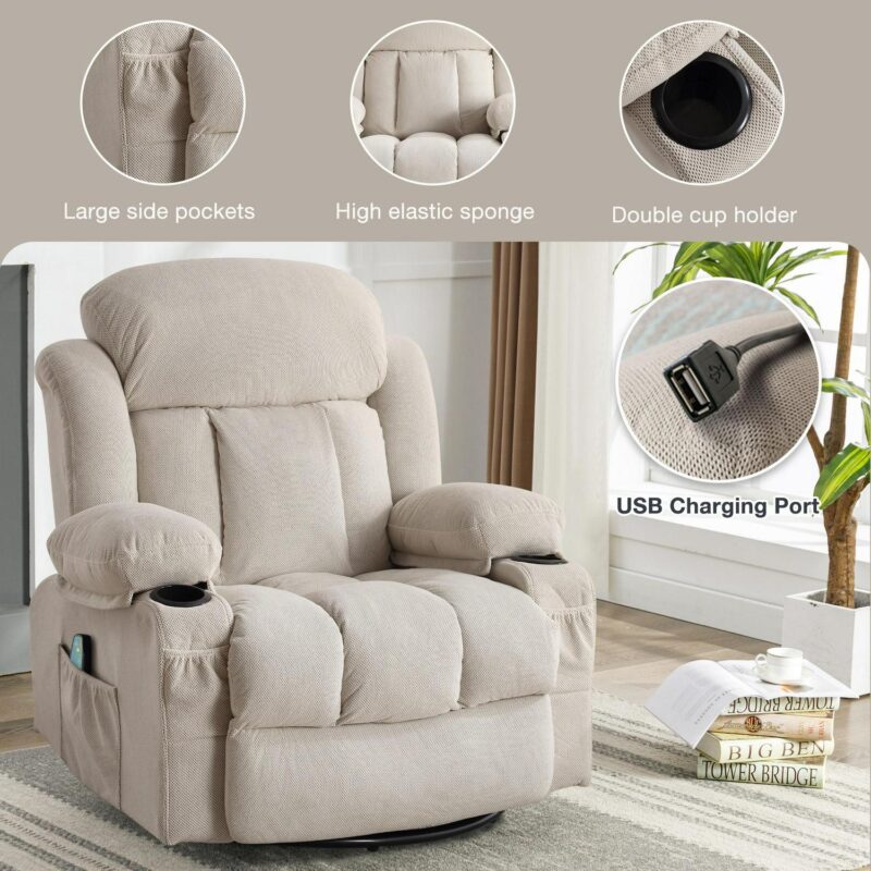 Mondawe Massage and Lumbar Heat Recliner Beige Velvet Upholstered Swivel Massage chair with Lift Assistance - Image 6