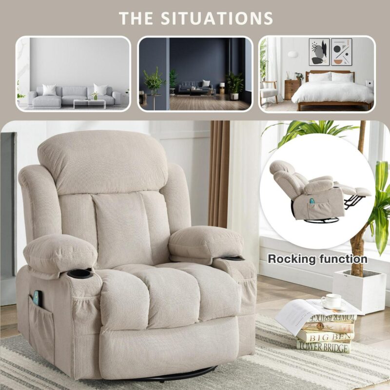 Mondawe Massage and Lumbar Heat Recliner Beige Velvet Upholstered Swivel Massage chair with Lift Assistance - Image 5