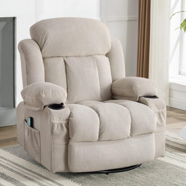 Mondawe Massage and Lumbar Heat Recliner Beige Velvet Upholstered Swivel Massage chair with Lift Assistance