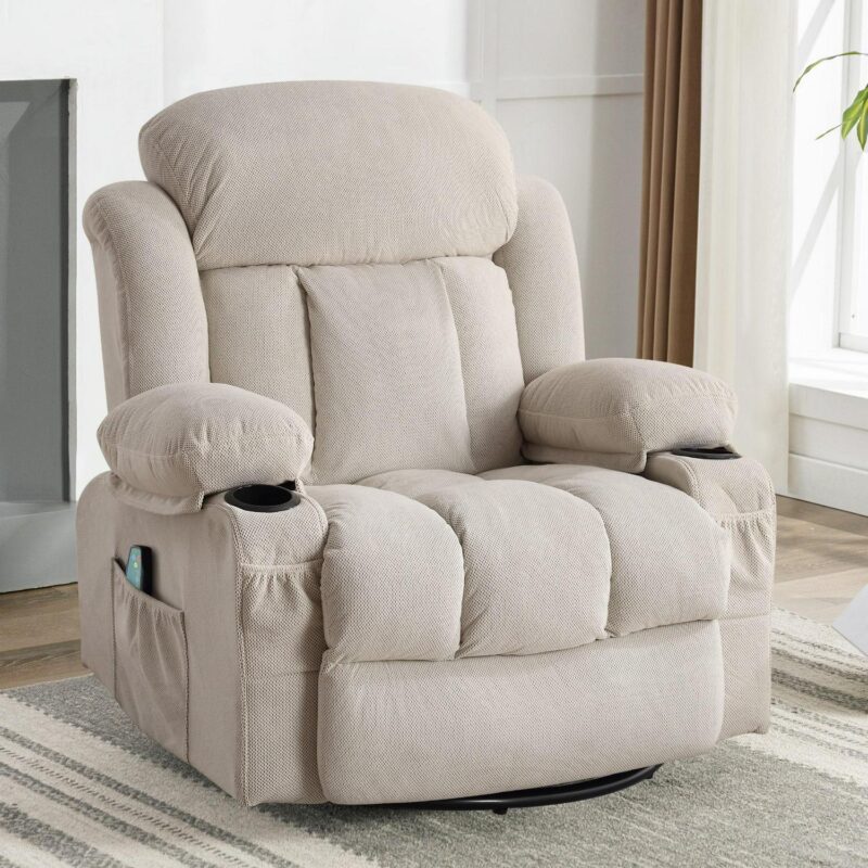 Mondawe Massage and Lumbar Heat Recliner Beige Velvet Upholstered Swivel Massage chair with Lift Assistance